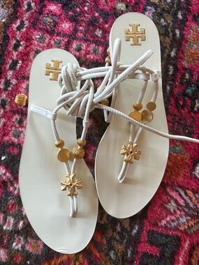 Tory Burch White Leather Lace-Up Sandals with Gold Logo Accents